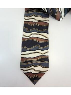 Fratelli Italy Silk Tie Abstract Stripe Blue Brown Cream Wide Neck Tie